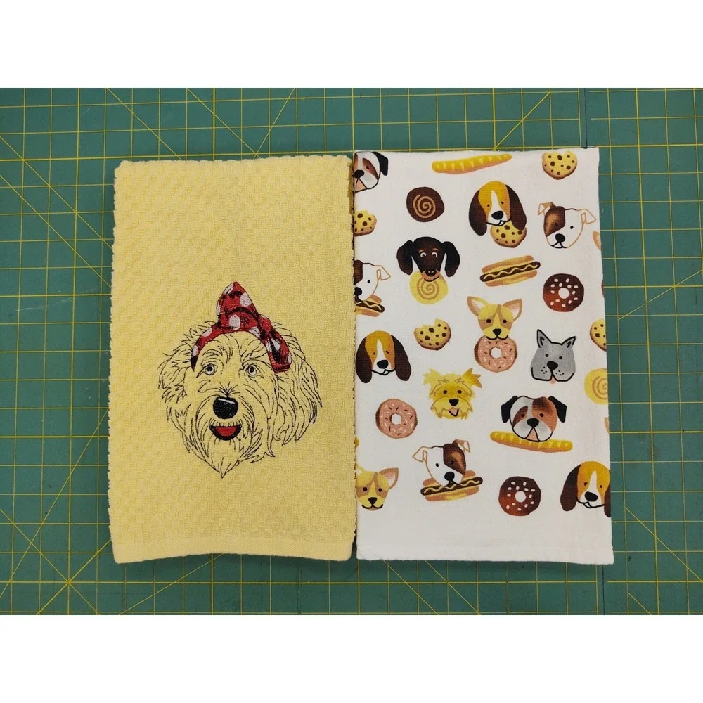 LABRADOODLE Dog With Headband Kitchen Bath Hand Bar Towel Set of 2